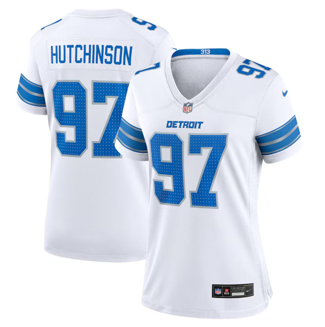 Women's Detroit Lions #97 Aidan Hutchinson White 2024 Stitched Jersey(Run Smaller)